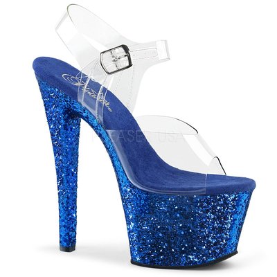 Shoes InStyle《七吋》美國品牌 PLEASER 原廠正品透明金蔥厚底高跟涼鞋 有大尺碼『藍色』