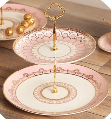 歐式 時尚浪漫粉色雙層點心盤 蛋糕盤英式下午茶盤 陶瓷描金花朵歐風擺盤 水果盤裝飾盤餐盤小物盤