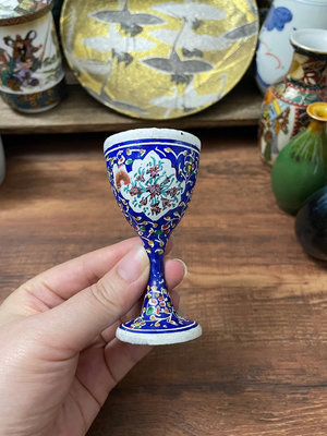 新 日本回流瓷器銅純手繪釉上彩花卉復古藍釉小茶杯小酒杯