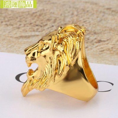 歐美時尚搖滾嘻哈飾品金色霸氣獅子頭鈦鋼不鏽鋼朋克男士戒指指環-鴻運飾品