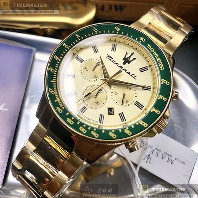 MASERATI手錶,編號R8873640005,44mm綠金錶殼,金色錶帶款