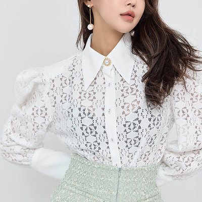 Otome 正韓國空運代購 絨面蕾絲燒花珍珠單釦裝飾雪紡上衣 22JAN