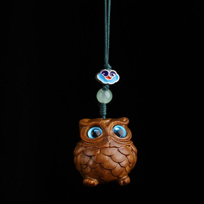 綠檀木雕刻貓頭鷹DIY手機掛飾掛件鑰匙扣可愛手機鏈包包掛飾品