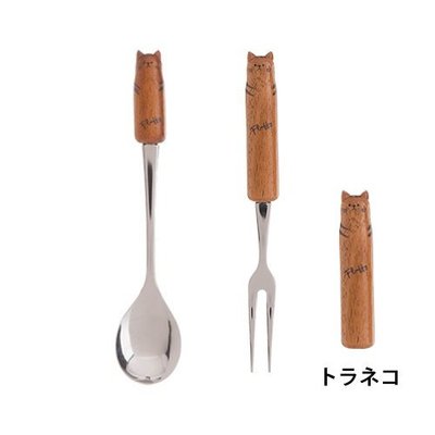 ＊小容容＊日本製 Fluffy 天然木動物造型木柄小叉子+湯匙(虎斑貓)