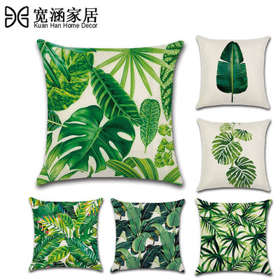 跨境新款熱帶植物綠色葉子雨林亞麻抱枕套靠墊套數碼印花亞馬遜
