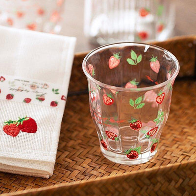 日本進口zakka草莓玻璃杯涼水杯果汁杯子家用冷水壺茶巾~特價#促銷