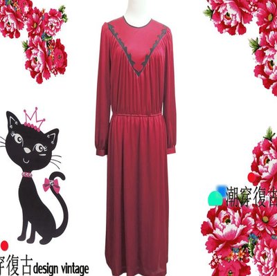 ♛ 黑貓姊vintage潮流古著♛㊕㊝日本帶回簡約風格古樸典雅全彈性布料浪漫紅長袖洋裝