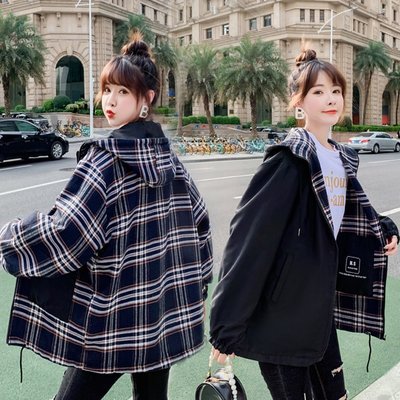 【熱賣精選】2021春秋新款韓版學生百搭格子工裝夾克寬松風衣bf潮兩面穿外套女