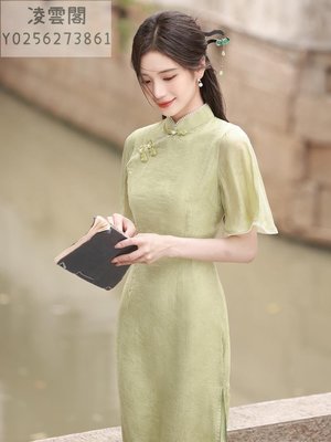 綠色醋酸提花倒大袖旗袍2023年夏季新款年輕款少女氣質改良連衣裙