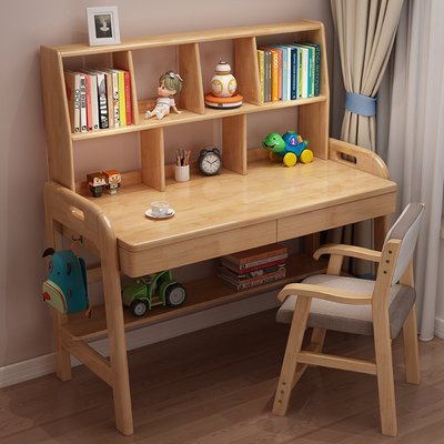 實木書桌書架一體桌子簡約現代學生學習桌兒童臥室家用寫字桌北歐~特價