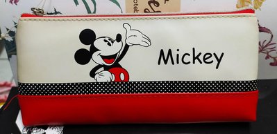 ^0^小荳的窩-展示品出清-Mickey米奇扁式皮質筆袋化妝包萬用包-白+紅^0^