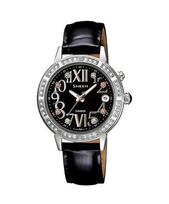 【CASIO 專賣】SHE-4031L-1A 錶面與錶盤鑲有耀眼萊茵石.真皮錶帶.不鏽鋼錶殼
