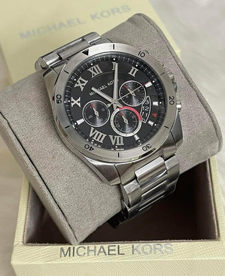 MICHAEL KORS Brecken 黑色面錶盤 銀色不鏽鋼錶帶 羅馬數字 石英 三眼計時 男士手錶 MK8438 中性錶