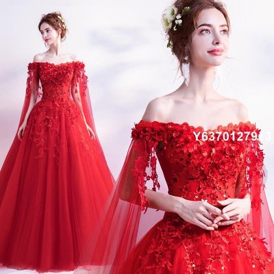 【熱賣精選】2022新款玫瑰紅色披紗長袖新娘結婚敬酒服仙氣晚禮服