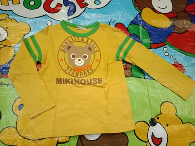 二手~日本正品MIKI-HOUSE MH熊黃色長袖上衣/標示130