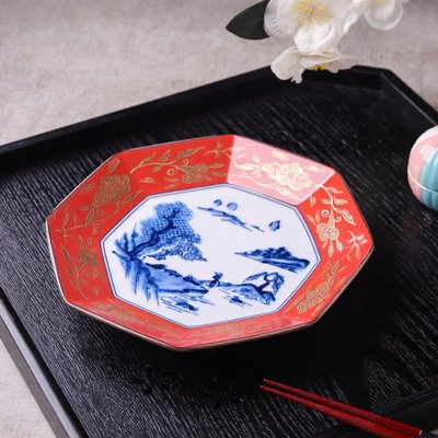日式古風小橋八角盤  紅色 藍色 白色 八角盤 盤子 家常菜盤 日式古風 陶瓷盤 陶瓷餐具【小雜貨】
