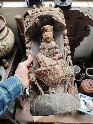 【店主收藏】一線收的老物件 清代木雕送子觀音像，尺寸如圖，清代木雕佛像，-11412