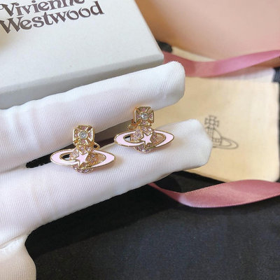 UU代購#Vivienne Westwood西太後粉色鑽土星耳環 滿鑽耳釘 貼耳耳飾 輕奢飾品