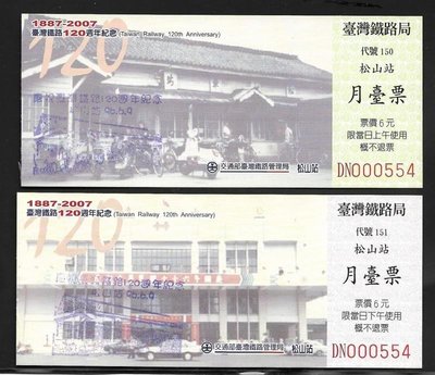 ＜早期//紀念『火車票』＞鐵路120周年系列活動紀念//松山站//一套二張（0731）