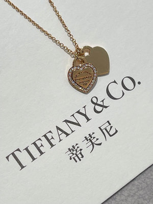 Tiffany 蒂芙尼18k黃金雙桃心鑲鉆項鍊 鍊長40cm
