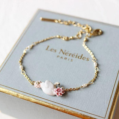 YOYO免運~法國Les Nereides琺瑯釉首飾品 白天鵝粉色蓮花手鏈