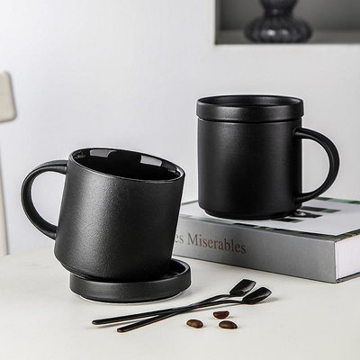 馬克杯 磨砂高檔陶瓷北歐式黑色大容量馬克杯子創意簡約咖啡杯帶蓋勺水杯