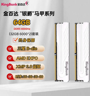 金百達DDR5銀爵64G 32Gx2套裝馬甲條6000/6800/7200銀爵DDR5內存