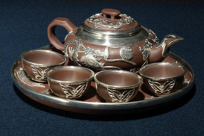 早期外銷日本回流精品壺 一 張雲仙 包錫 精工紫砂茶具一套