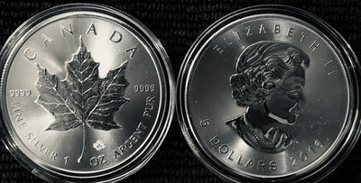 2016年1盎司加拿大皇家鑄幣廠楓葉銀幣9999純銀銀幣的邊緣是ELIZABETHII5圓字樣MINTSHIELD