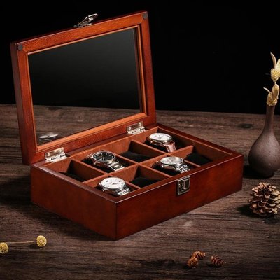 熱銷 木質製手錶盒天窗珠寶手串鍊收納藏展示盒子箱帶鎖扣八只裝