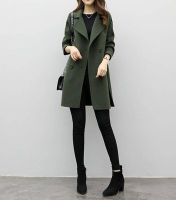 ✿花少✿ 1715 韓版中長款薄款毛呢外套女軍綠色大衣合身顯瘦大衣外套