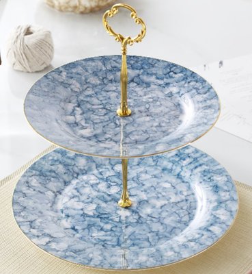歐式 時尚經典藍色石紋雙層點心盤 蛋糕盤下午茶盤 陶瓷歐風擺盤 水果盤裝飾盤餐盤小物盤