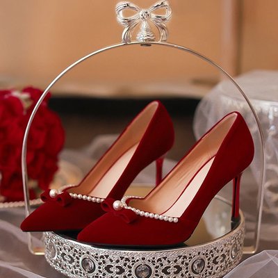 【熱賣精選】法式秀禾婚紗兩穿婚鞋秋季女新娘鞋細跟新款單鞋女珍珠紅色高跟鞋