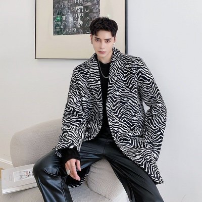 韓版男裝西裝外套保暖風衣2020時髦斑馬紋大衣中長款個性加厚外套男士寬松毛呢西服外套