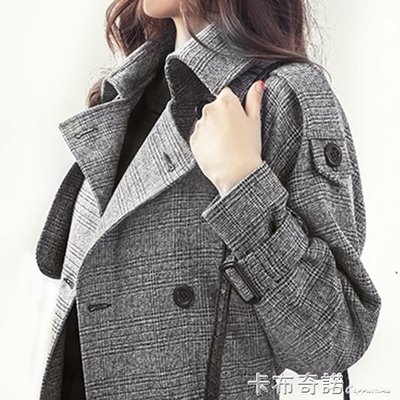熱銷 秋季英倫韓版風衣中長款修身大碼格子大衣雙排扣外套女潮 HEMM11403