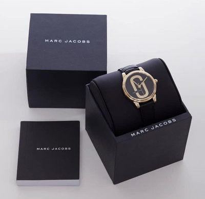 MARC BY MARC JACOBS 黑色配金色雙J錶盤 皮革錶帶 石英 女士手錶 MJ1580