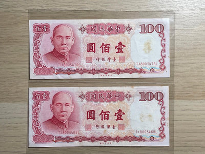 2張 連號 齊售 新台幣 無使用過 UNC 台灣紙鈔 #此標2張如照# 民國76年 紅 100 壹佰元 收藏 紀念性
