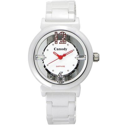Canody 浮雕時尚 鏤空晶鑽陶瓷腕錶-白x紅指針/35mm/CB1218-2B