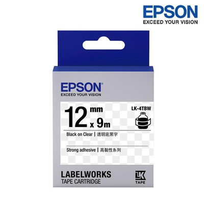 【含稅】EPSON LK-4TBW 透明底黑字 標籤帶 高黏性系列 (寬度12mm) 標籤貼紙 S654411