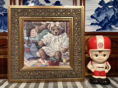 【 金王記拍寶網 】(常5) A454 可愛泰迪熊油畫複製畫一件 已裝裱木框罕見稀少