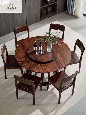 【熱賣精選】簡約輕奢實木圓餐桌椅組合極簡烏金木圓桌雙層帶轉盤餐廳原木飯桌