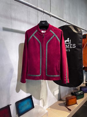 『RP精品』HERMES 愛馬仕 紅色絨面麂皮 拼綠色幾何線條 皮衣 外套 夾克