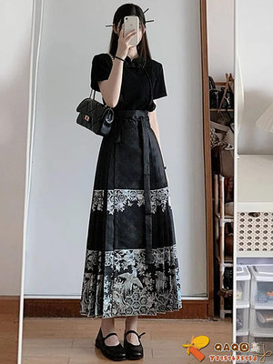 新中式女裝國風改良漢服黑色馬面裙今年流行爆款套裝2023新款夏季.