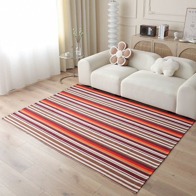 桌巾170x230cm客廳書房地墊沙發地毯棉線編織色織新中式彩條大地墊