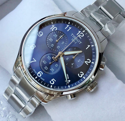 TISSOT Chrono XL 藍色面錶盤 銀色不鏽鋼錶帶 石英 多功能三眼計時 男士手錶 T1166171104701 天梭腕錶