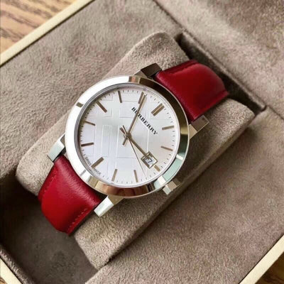 BURBERRY 銀白色錶盤 紅色皮革錶帶 石英 女士手錶 BU9129