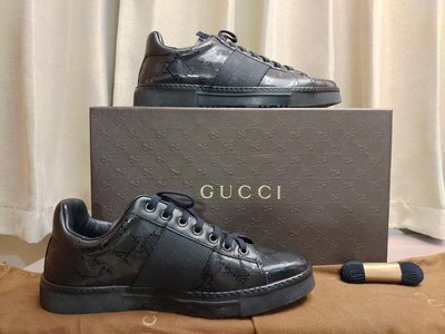二手全新正品【Gucci 】古馳  男鞋 黑色 PVC 雙G緹花壓紋 球鞋 休閒鞋 39.5號