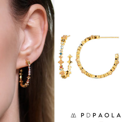 PD PAOLA 西班牙時尚潮牌 繽紛彩鑽耳環 優雅C型耳環 925純銀鑲18K金 HALO