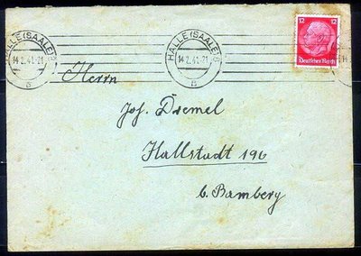德國納粹時期1941『納粹總理興登堡 - SAALE(舊名)薩勒古邦寄出』實寄封古典封