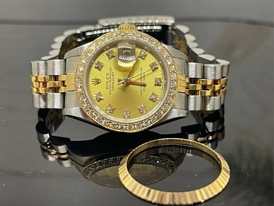 國際精品當舖 ROLEX  69173G 金面 #ㄧ手錶帶 金色10鑽面盤 女錶。#後鑲全白鑽石錶圈 附件：國內原廠保單